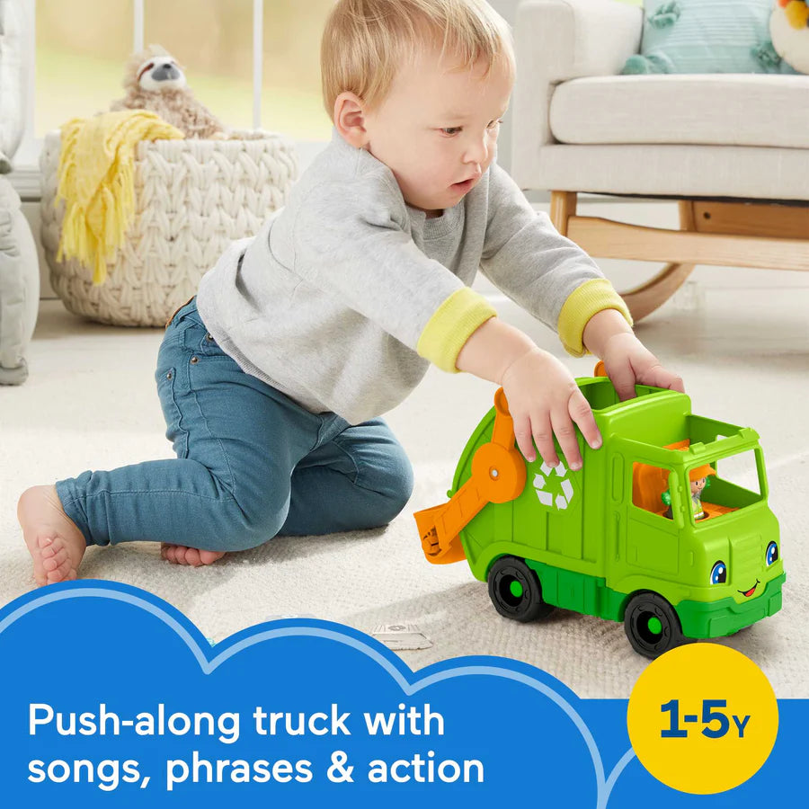Fisher‑Price Little People® Recycling Garbage Truck Toy [GWD29] – Push‑Along Musical Vehicle with Loader, Play Pieces & Sanitation Worker Figure, Ages 1‑5