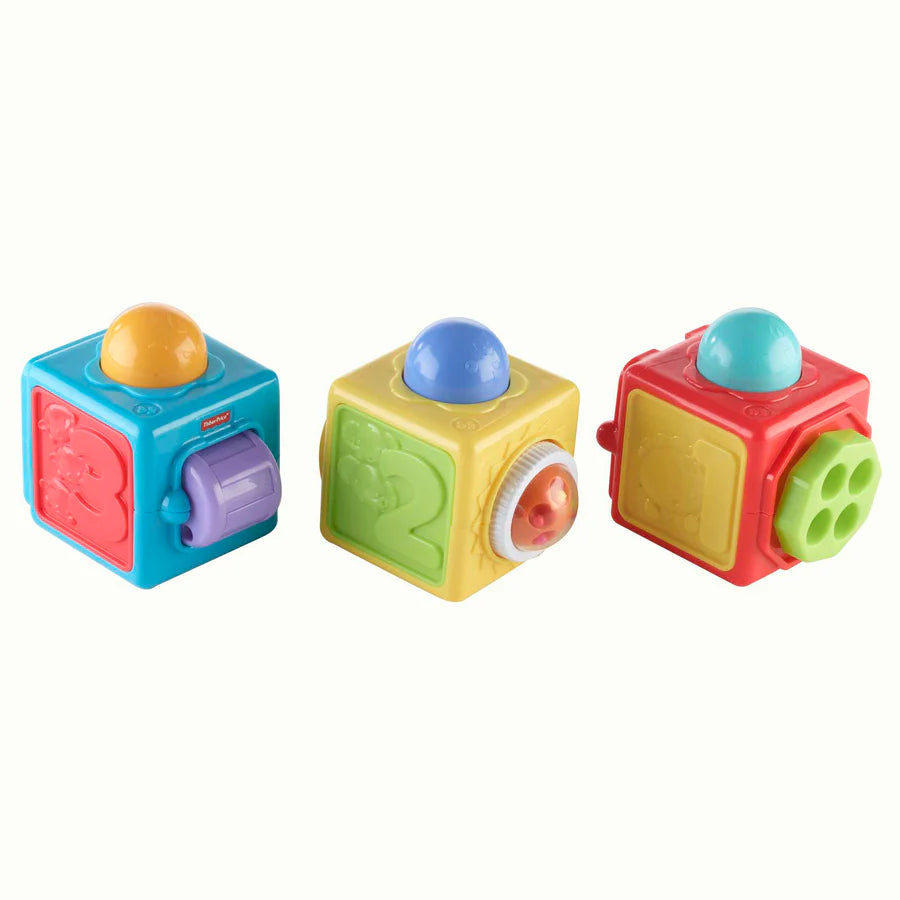 Fisher‑Price Stacking Action Blocks [DHW15] – Set of 3 Baby Learning Blocks, Letters, Numbers, Peek‑a‑Boo & Fun Actions, 6M+