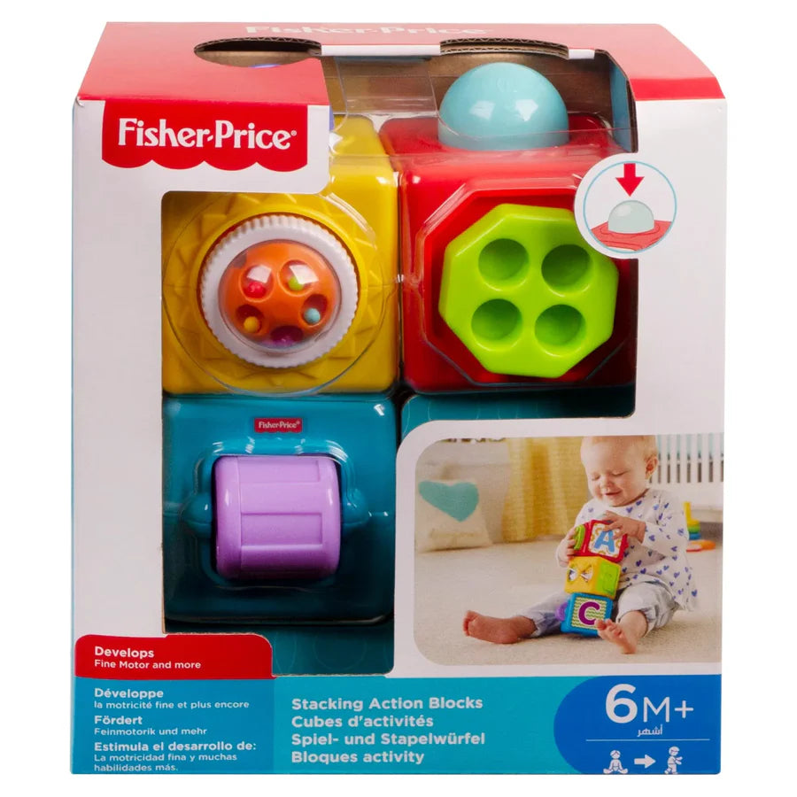 Fisher‑Price Stacking Action Blocks [DHW15] – Set of 3 Baby Learning Blocks, Letters, Numbers, Peek‑a‑Boo & Fun Actions, 6M+