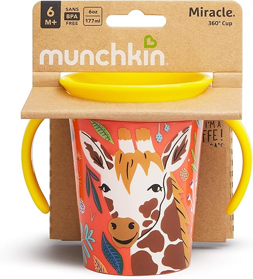 Munchkin Miracle 360° WildLove Trainer Cup| 6 oz/177 ml |Spill-Proof| BPA-Free Toddler Cup with 360° Drinking Edge - Eco-Friendly Packaging |Giraffe