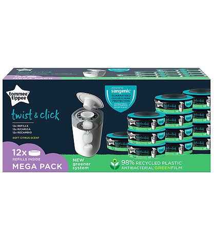 Tommee Tippee Advanced Twist and Click Diaper Container Refills, GREENFILM Antibacterial and Sustainable Film, Pack of 12.