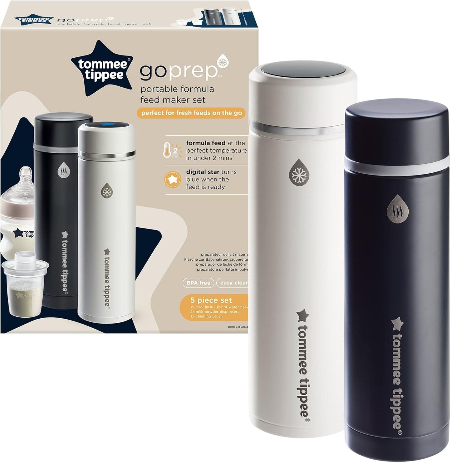 Tommee Tippee PrepGo Formula Feed Maker Set – Portable Hot & Cool Flasks with LED Temperature Display, Fast 2-Minute Feed Cooling