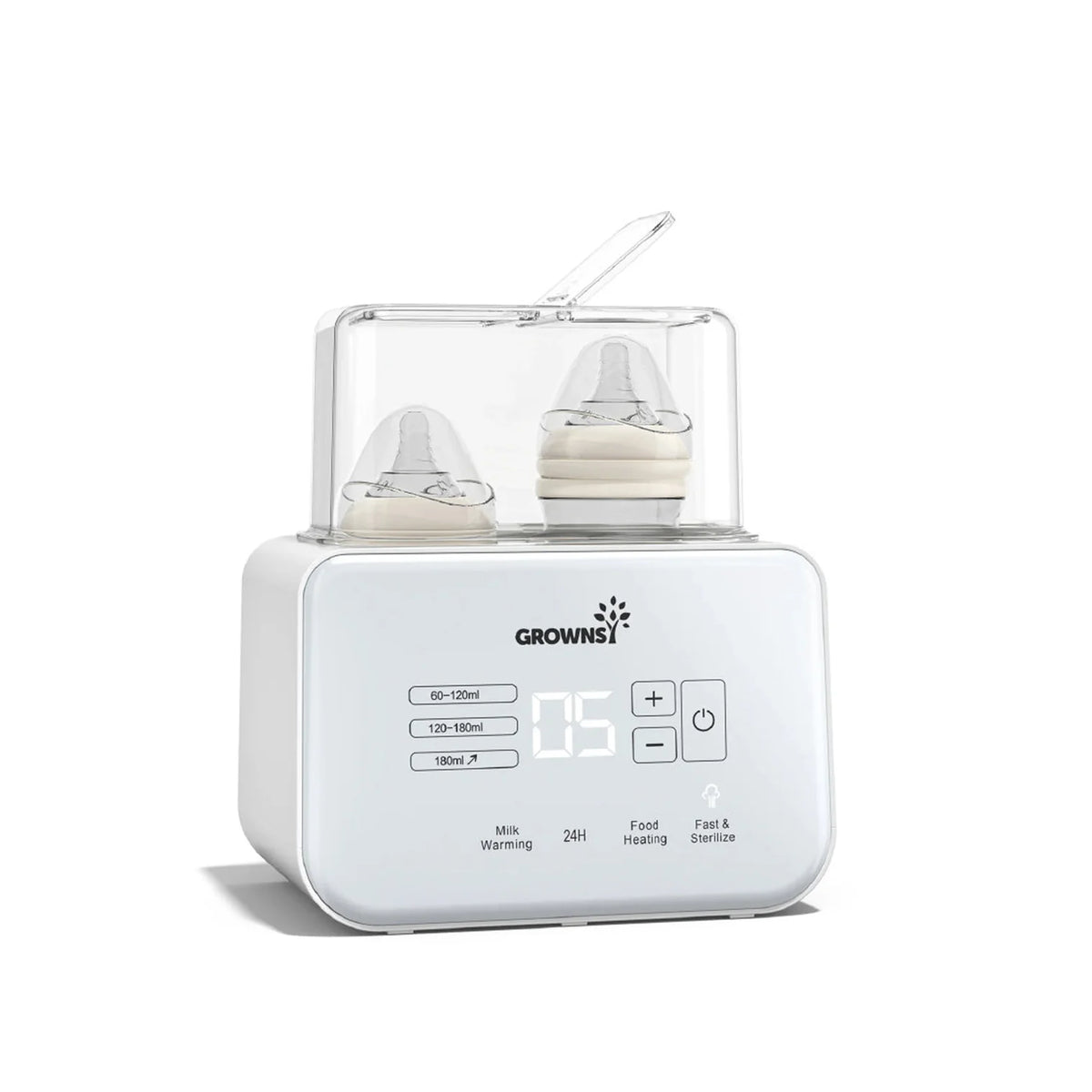 Grownsy 8-in-1 Baby Bottle & Milk Warmer with Timer, Dual Bottle Warming and Steam Sterilizer