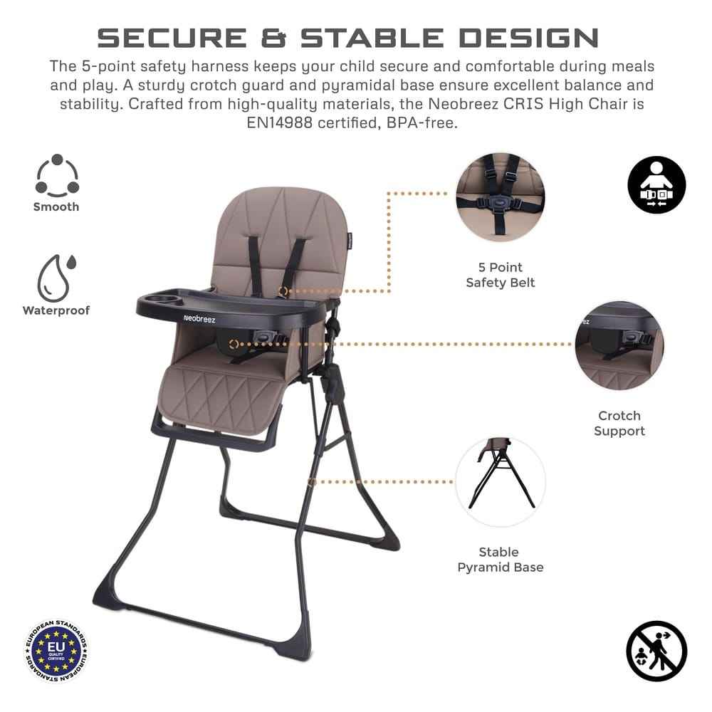 Neobreez CRIS Ultra Compact Lightweight Foldable Baby High Chair | Quick and Easy Fold| Removable and Adjustable Foot Tray| 5-point Safety Harness | Toddler Feeding Chair Portable For Travel(5kg). - Adenzo Comfies