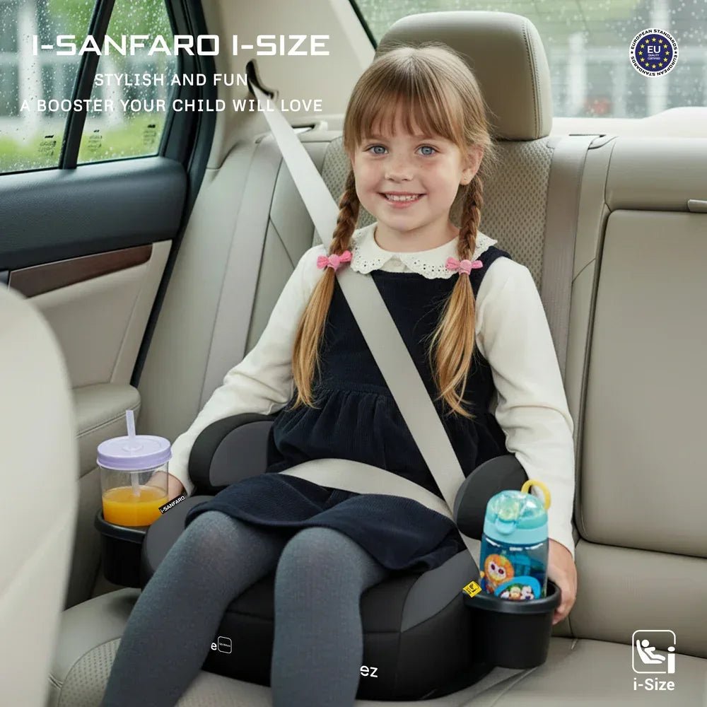 Neobreez i - SANFARO i - Size ISOFIX Backless Booster Car Seat,Double Padded Foam,Compact,Kids Car Seat,2 Cup Holder,ECER129(6 - 12yrs,125 - 150cm,22 - 36kg) - Adenzo Comfies