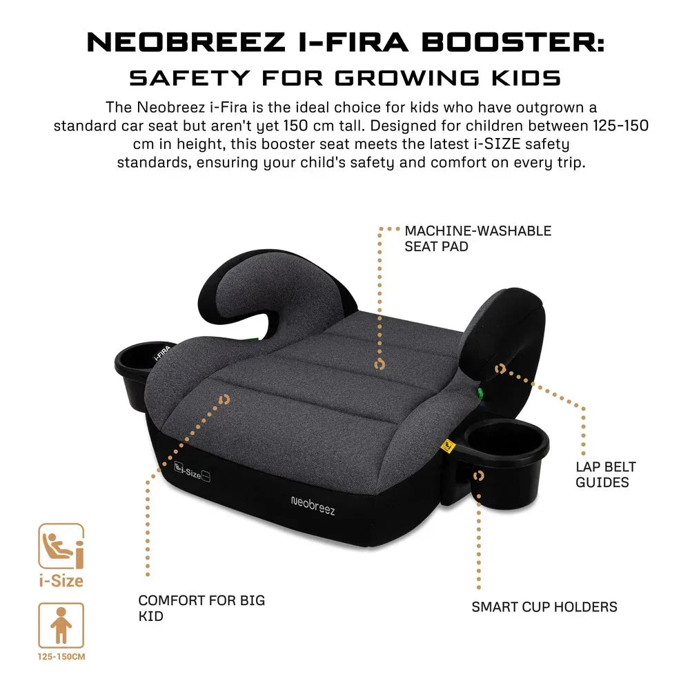 Neobreez i - FIRA i - Size Kids Backless Booster Car Seat, Double padded Foam, Compact,Kids Car Seat,2 Cup Holder,ECER129(6 - 12yrs,125 - 150cm,22 - 36kg - Adenzo Comfies