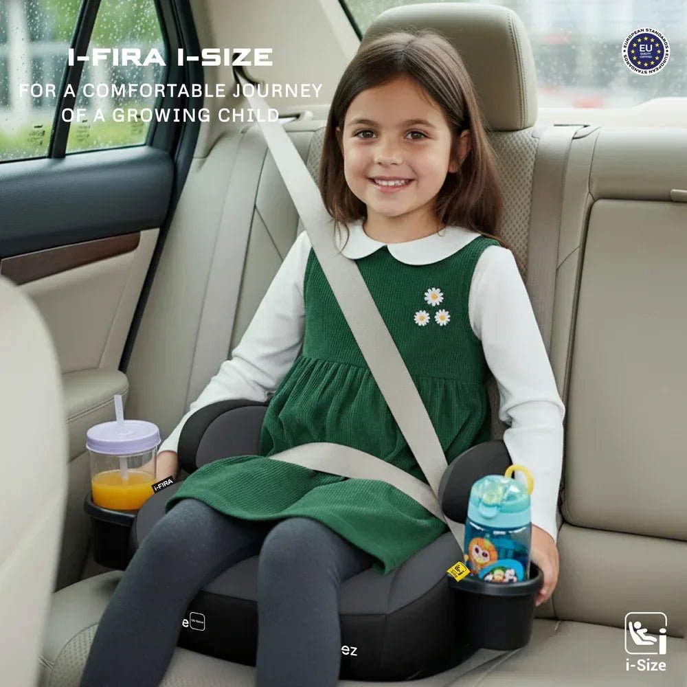 Neobreez i - FIRA i - Size Kids Backless Booster Car Seat, Double padded Foam, Compact,Kids Car Seat,2 Cup Holder,ECER129(6 - 12yrs,125 - 150cm,22 - 36kg - Adenzo Comfies
