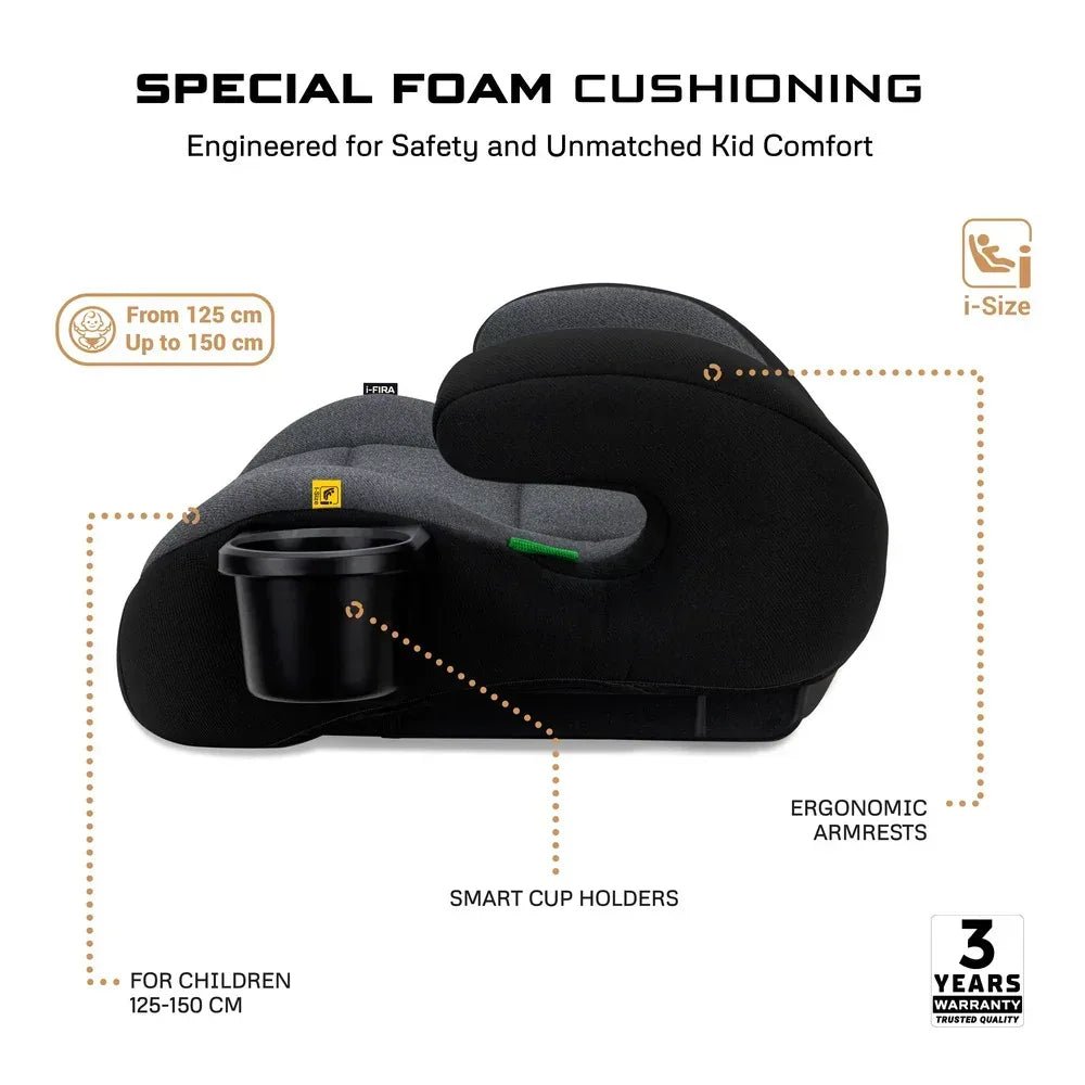 Neobreez i - FIRA i - Size Kids Backless Booster Car Seat, Double padded Foam, Compact,Kids Car Seat,2 Cup Holder,ECER129(6 - 12yrs,125 - 150cm,22 - 36kg - Adenzo Comfies