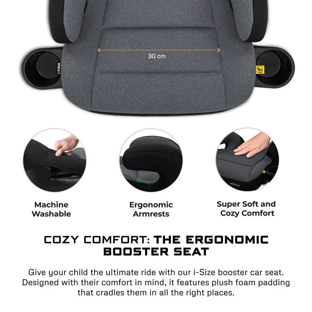 Neobreez i - FIRA i - Size Kids Backless Booster Car Seat, Double padded Foam, Compact,Kids Car Seat,2 Cup Holder,ECER129(6 - 12yrs,125 - 150cm,22 - 36kg - Adenzo Comfies