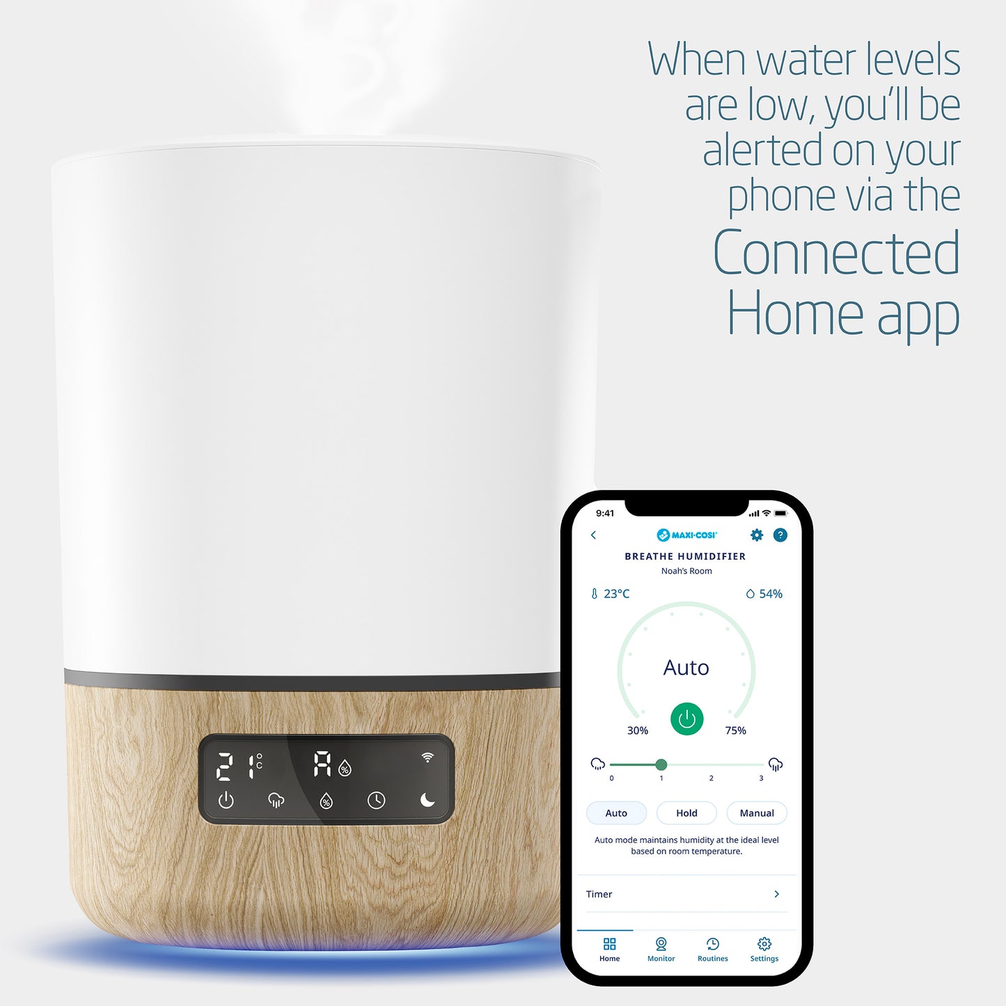 Maxi Cosi Breathe Humidifier-a smart, app-controlled cool mist humidifier and essential oil diffuser designed to ensure an optimal nursery environment for a baby's soothing sleep.