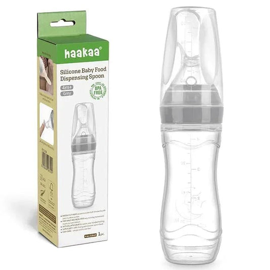 Haakaa Silicone Baby Food Dispensing Spoon Feeder 4oz - Infant Squeeze Cereal Feeder, Baby Fresh Food Feeder, Feed Bottle for Puree, Solid Baby Food, BPA Free, 4m+ Babies – Grey - Adenzo Comfies