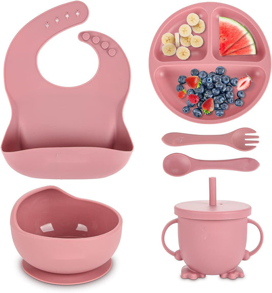 BPA Free Baby Led Weaning Supplies Set Suction Baby Plate Bowl Set Silicone Baby Set with Bib Spoon Fork Sippy Cup