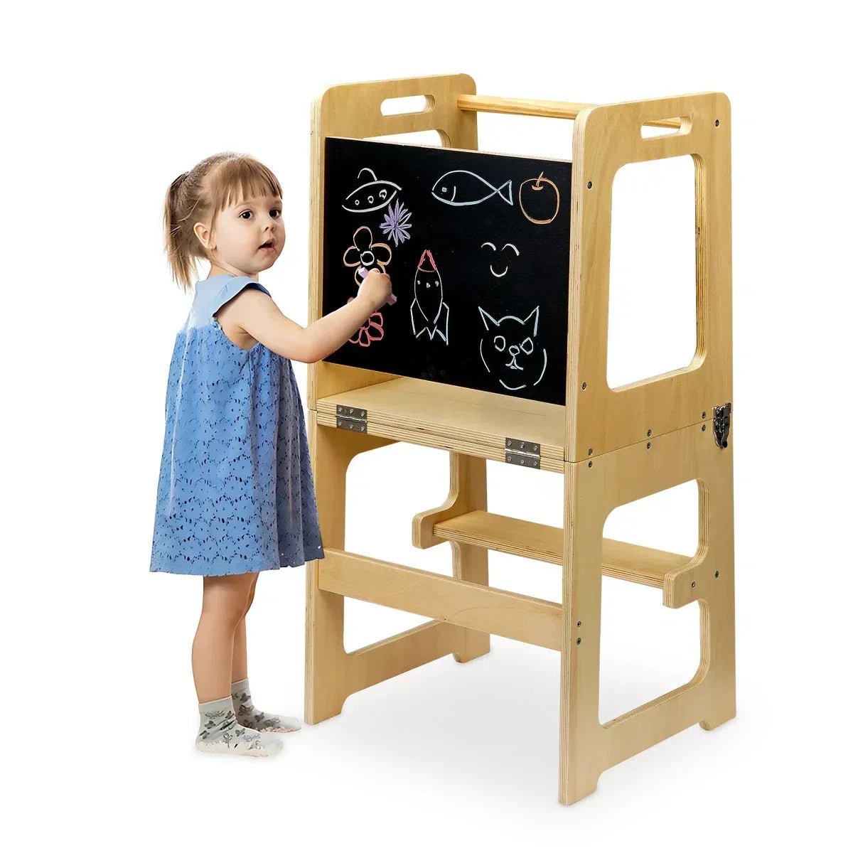 Adjustable Wooden Helper Tower with Chalkboard Kitchen Step Stool for Toddlers and Kids - Adenzo Comfies