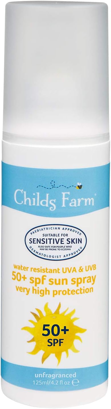 Childs Farm, Kids and Baby Sun Cream Spray SPF 50+ 125 ml, Water Resistant UVA and UVB, Very High Protection, Suitable for Dry, Sensitive and Eczema-Prone Skin, Pack of 1