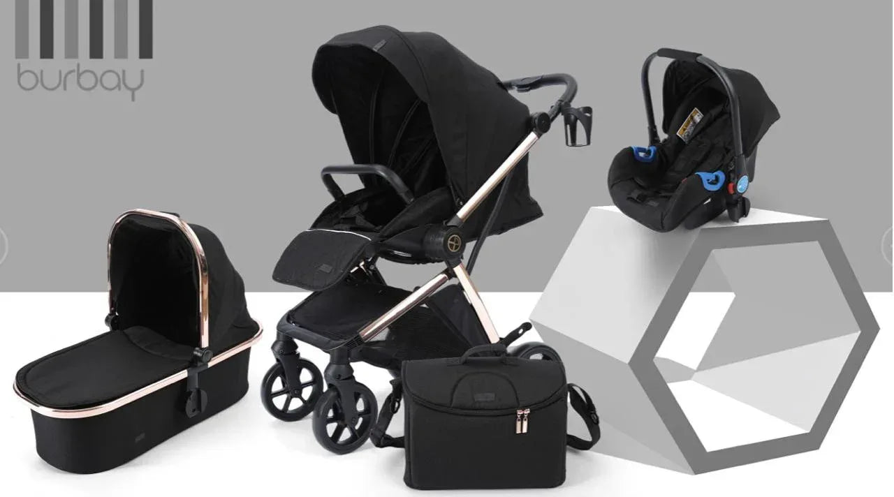 Burbay E200 3 - in - 1 Baby Travel System Stroller with Bassinet & Infant Car Seat – Luxury Foldable Reversible Pram - Adenzo Comfies