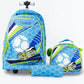 3 - Piece Kids Trolley Backpack Set – Blue Football Graphic with Lime Accents, Rolling School Bag Set - Adenzo Comfies