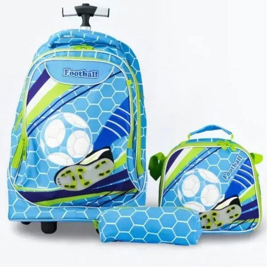 3 - Piece Kids Trolley Backpack Set – Blue Football Graphic with Lime Accents, Rolling School Bag Set - Adenzo Comfies