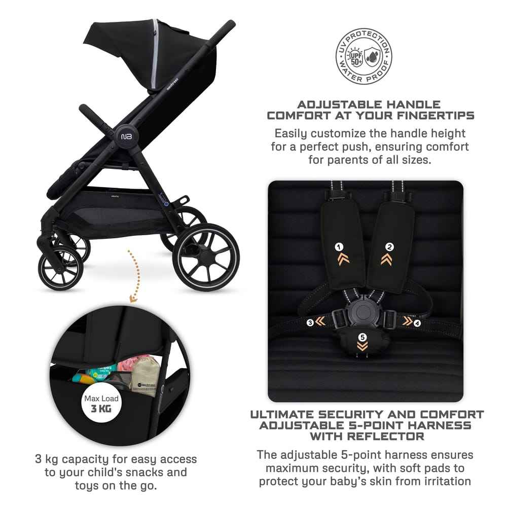 Neobreez VENTO All Terrain Stroller High Landscape Stroller One Hand Fold Travel and Adventure Buggy Stroller Outdoor Stroller, UV&Waterproof Canopy, Bag, Phone&Cup Holder&Toy Strap, LED lights,0-4yrs,22kg.