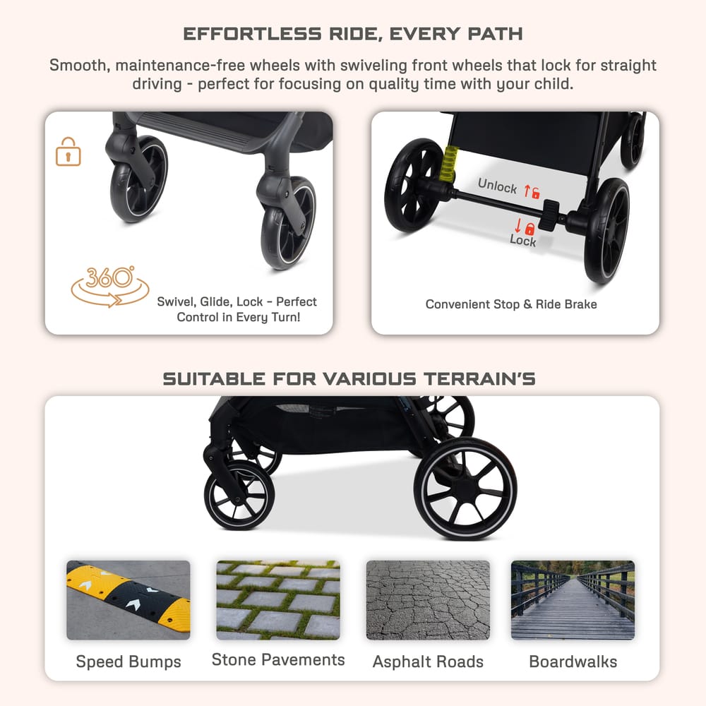 Neobreez VENTO All Terrain Stroller High Landscape Stroller One Hand Fold Travel and Adventure Buggy Stroller Outdoor Stroller, UV&Waterproof Canopy, Bag, Phone&Cup Holder&Toy Strap, LED lights,0-4yrs,22kg.