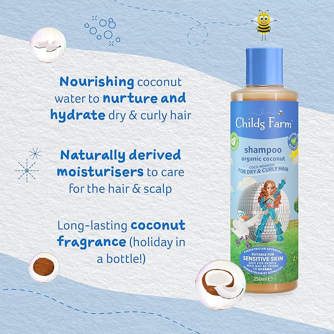 Childs Farm | Kids Coco-Nourish Shampoo 250ml | Organic Coconut | Dry, Curly & Coily Hair | Detangles & Nourishes | Suitable for Dry, Sensitive & Eczema-prone Skin & Scalp