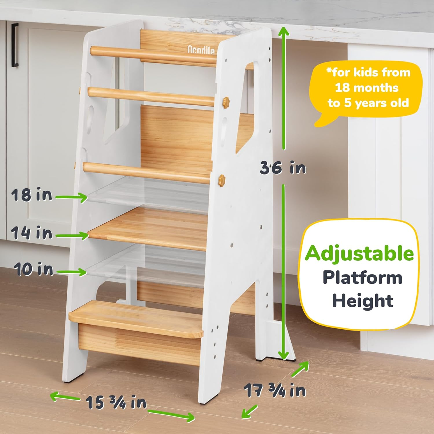 Toucan Kitchen Kids Step Stool – Foldable Helper Stool Toddler Learning Tower with 3‑Level Adjustable Heights & Chalkboard Surface