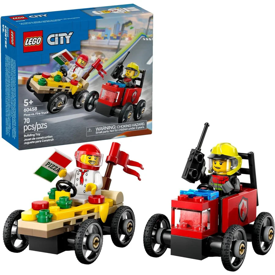 LEGO® City Pizza vs. Fire Truck Race Car Pack [60458] – 70‑Piece Soapbox Racing Playset with 2 Minifigures, Ages 5+