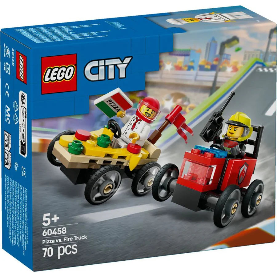 LEGO® City Pizza vs. Fire Truck Race Car Pack [60458] – 70‑Piece Soapbox Racing Playset with 2 Minifigures, Ages 5+
