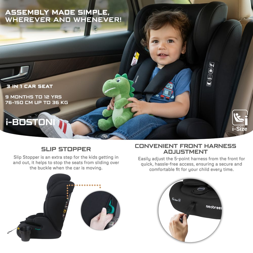 Neobreez i-BOSTONI Universal 3 in 1 Children‘s i-Size Deep toddler Child Car Seat, ECER129,Group 1/2/3, High Back Booster Seat, Adjustable Headrest,3-Point Safety Belt-9-36 kg,76-150 cm,15m to 12yrs-Black . - Adenzo Comfies