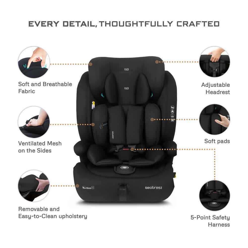 Neobreez i-BOSTONI Universal 3 in 1 Children‘s i-Size Deep toddler Child Car Seat, ECER129,Group 1/2/3, High Back Booster Seat, Adjustable Headrest,3-Point Safety Belt-9-36 kg,76-150 cm,15m to 12yrs-Black . - Adenzo Comfies