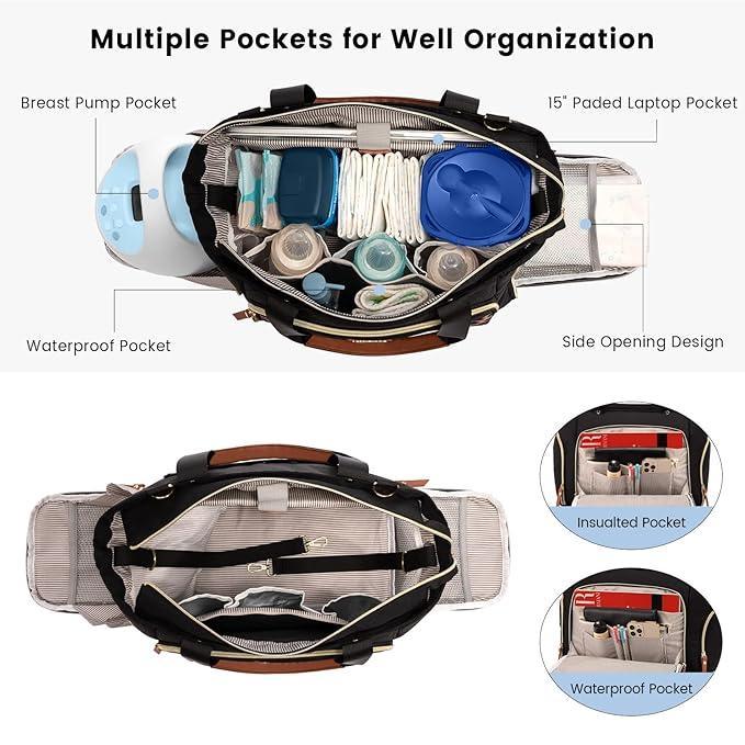 LOVEVOOK Breast Pump Bag & Diaper Tote - 3Pc Set for Breastfeeding Moms - Laptop Pocket, Cooler & Changing Pad - Fits Most Pumps - Adenzo Comfies