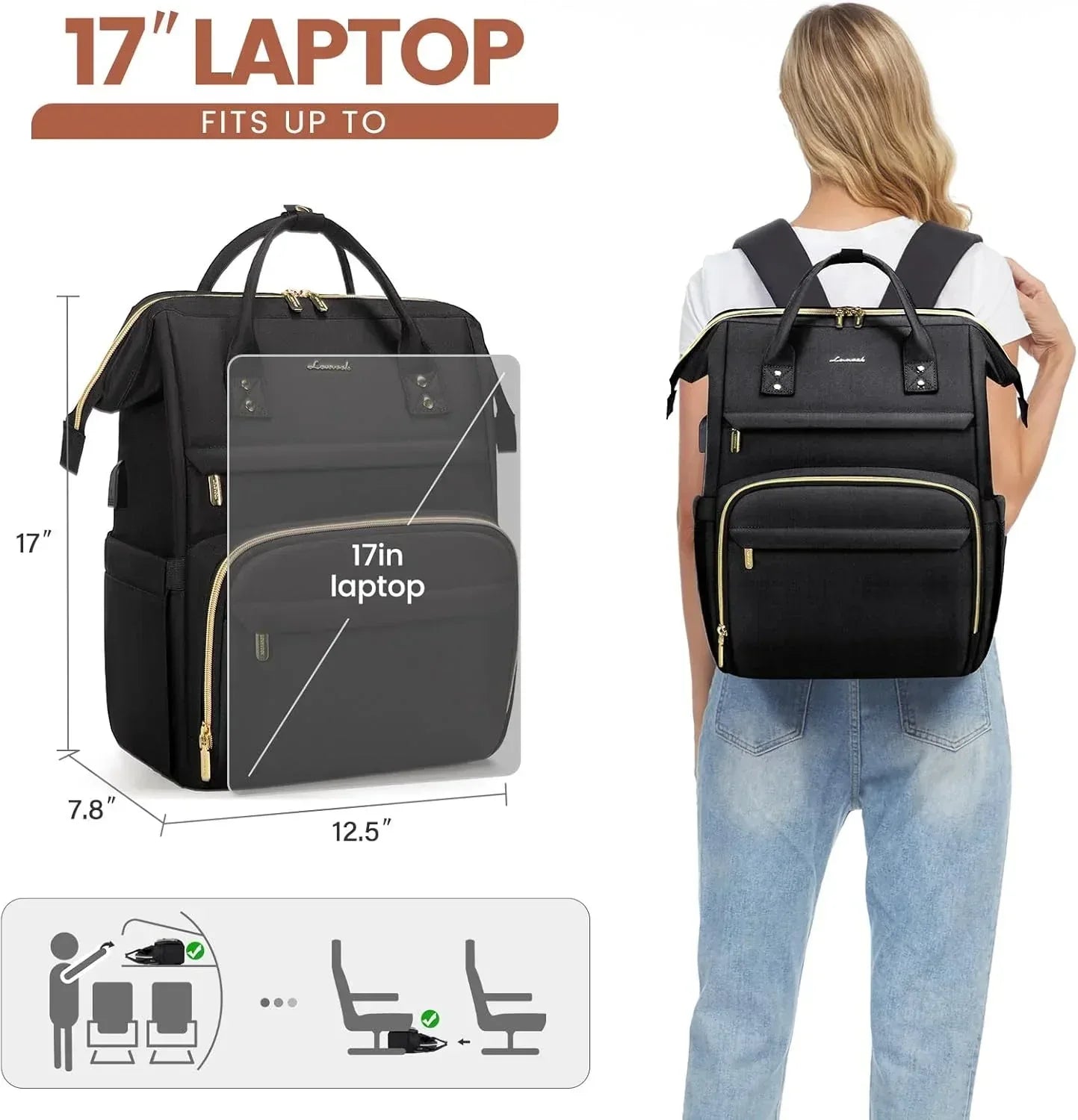 LOVEVOOK Laptop Backpack for Women,17 Inch Professional Womens Travel Backpack Purse Computer Laptop Bag Nurse Teacher Backpack,Waterproof College Work Bags Carry on Back Pack with USB Port,Black - Adenzo Comfies