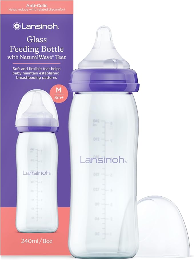 Lansinoh Glass Baby Bottle + NaturalWave™ Medium Flow Teat with Anti Colic Air Vent - 240ml - Breastfeeding Bottle Feeding: Clinically Proven to Reduce Nipple Confusion