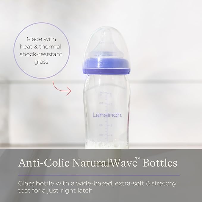 Lansinoh Glass Baby Bottle + NaturalWave™ Medium Flow Teat with Anti Colic Air Vent - 240ml - Breastfeeding Bottle Feeding: Clinically Proven to Reduce Nipple Confusion