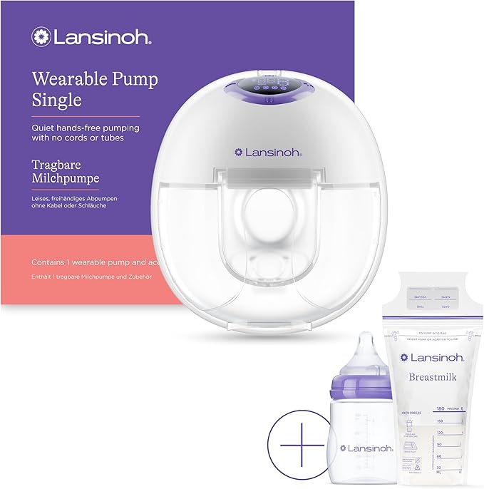 Lansinoh Wearable Electric Breast Pump Bundle - 4 Pumping Modes, 9 Suction Levels - Hands Free Portable & Quiet Pumping- LED Display - Includes 25 Breast Milk Storage Bags + Feeding Bottle (1 Pumps)