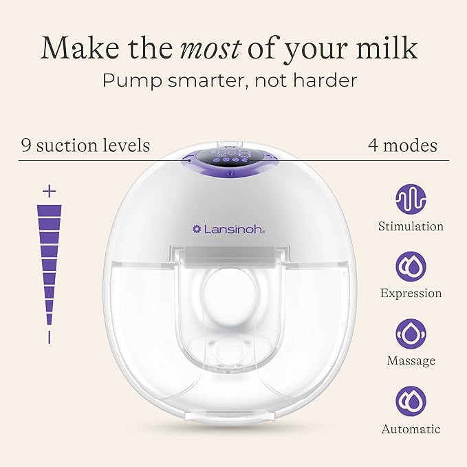 Lansinoh Wearable Electric Breast Pump Bundle - 4 Pumping Modes, 9 Suction Levels - Hands Free Portable & Quiet Pumping- LED Display - Includes 25 Breast Milk Storage Bags + Feeding Bottle (1 Pumps)