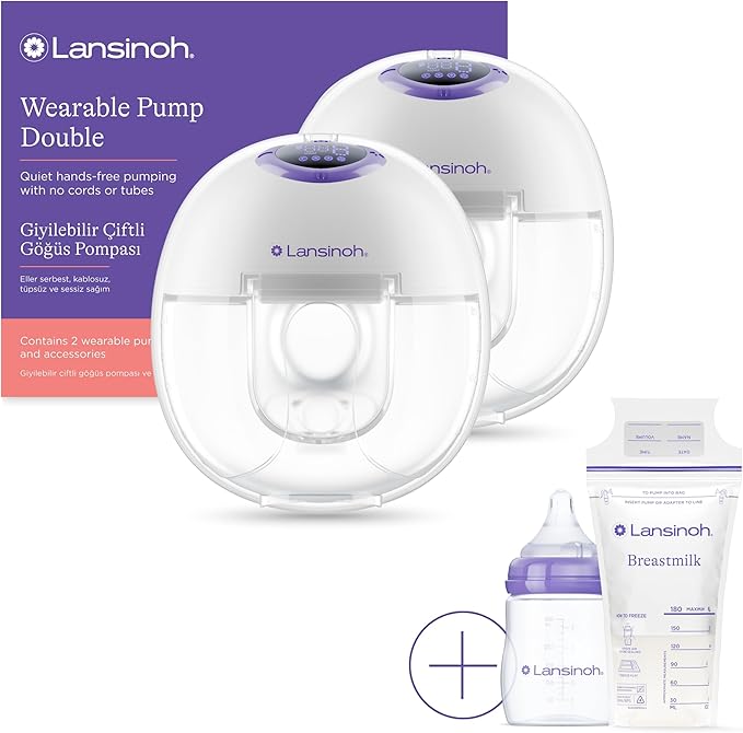 Lansinoh Wearable Electric Breast Pump Bundle - 4 Pumping Modes, 9 Suction Levels - Hands Free Portable & Quiet Pumping- LED Display - Includes 25 Breast Milk Storage Bags + Feeding Bottle (2 Pumps)
