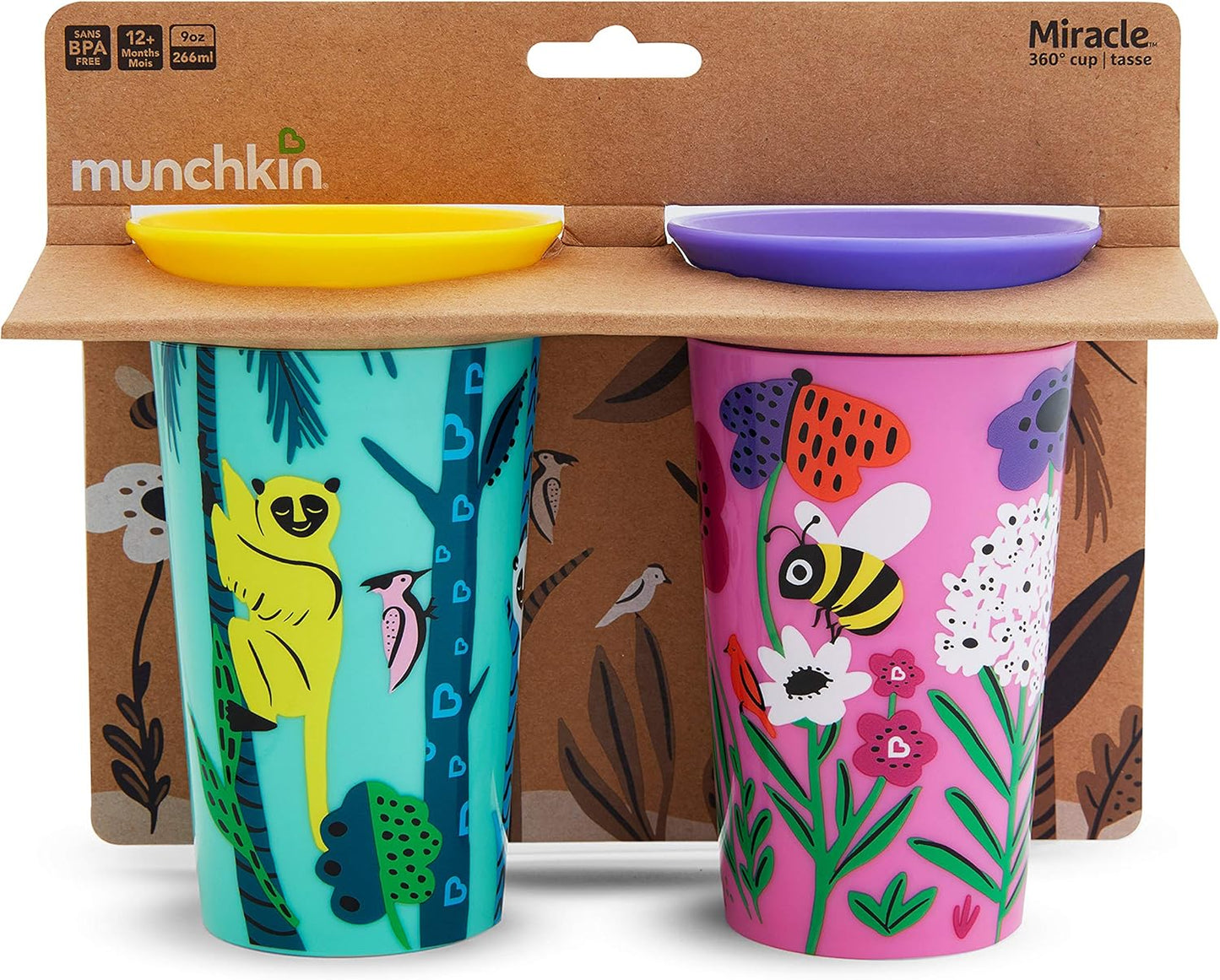 Munchkin Miracle 360˚ Wildlove Sippy Cup, 9 Ounce, Bee/Lemur, 2 Pack