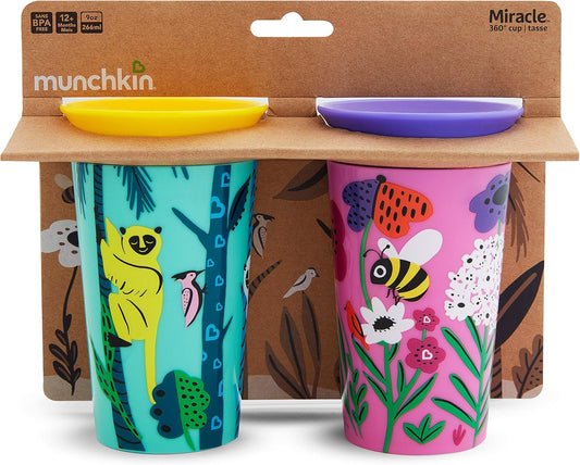 Munchkin Miracle 360˚ Wildlove Sippy Cup, 9 Ounce, Bee/Lemur, 2 Pack
