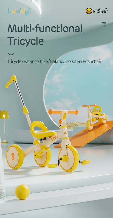 Luddy B.Duck 4-in-1 Toddler Tricycle & Balance Bike for Kids – Convertible Baby Trike, Push Tricycle, Balance Bike, and Pedal Tricycle - Adenzo Comfies