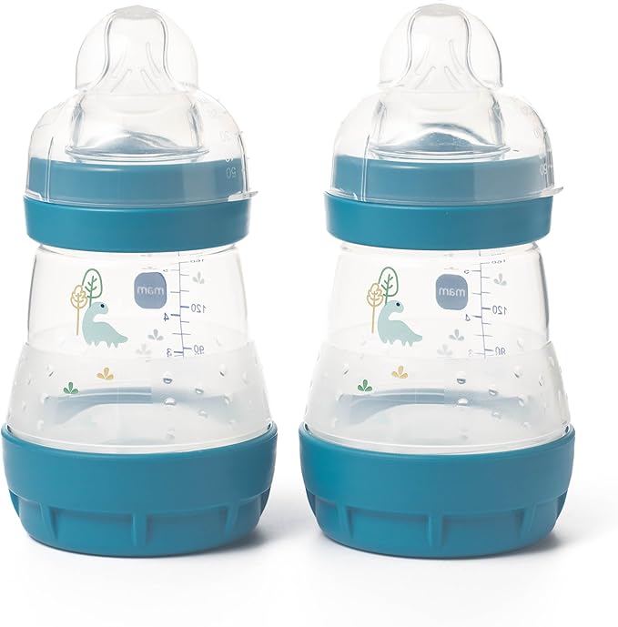MAM Easy Start Anti-Colic Baby Bottles | 2 Pack (2 x 160ml) | Self-Sterlising Baby Milk Bottle | Slow Flow MAM Teats Size 1 | Newborn Essentials | Blue (Various Designs)