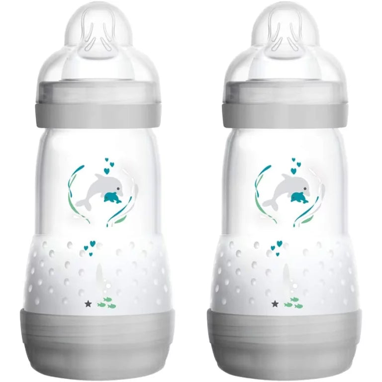MAM Easy Start Anti-Colic Baby Bottles | 2 Pack (2 x 260ml) | Self-Sterilising Baby Milk Bottle | Medium Flow MAM Teat Size 2 | Newborn Essentials | Shell (Various Designs)