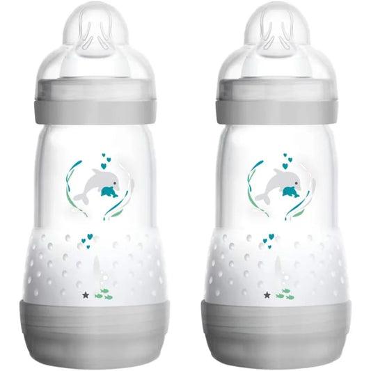 MAM Easy Start Anti-Colic Baby Bottles | 2 Pack (2 x 260ml) | Self-Sterilising Baby Milk Bottle | Medium Flow MAM Teat Size 2 | Newborn Essentials | Shell (Various Designs)