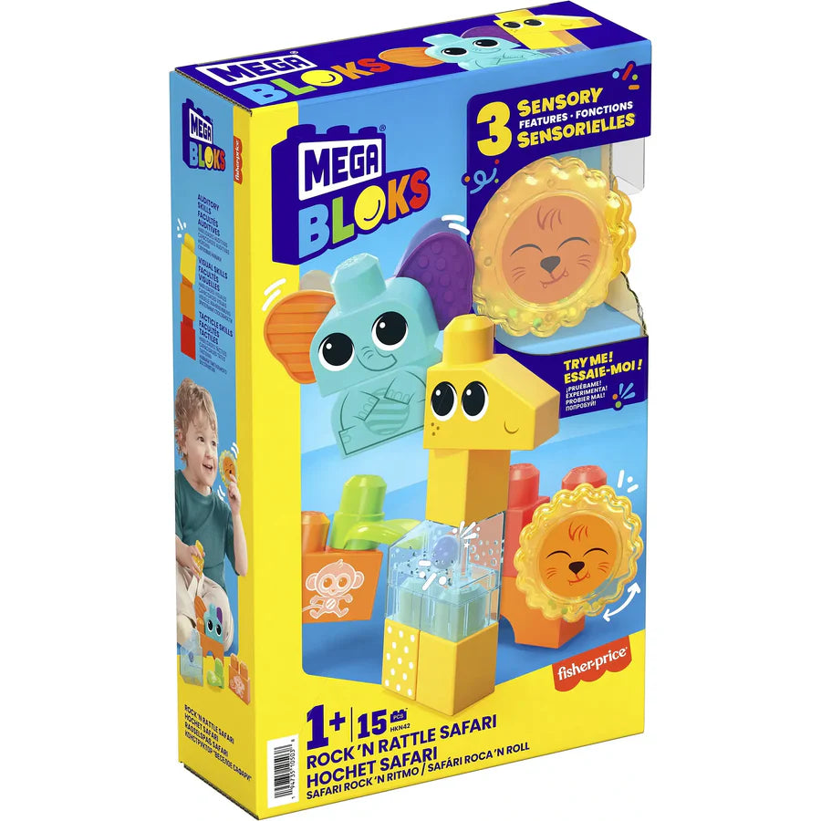MEGA BLOKS Rock ‘n Rattle Safari Sensory Building Toys [HKN42] – 15‑Piece Toddler Building Set with Elephant, Giraffe & Lion, Ages 1‑3