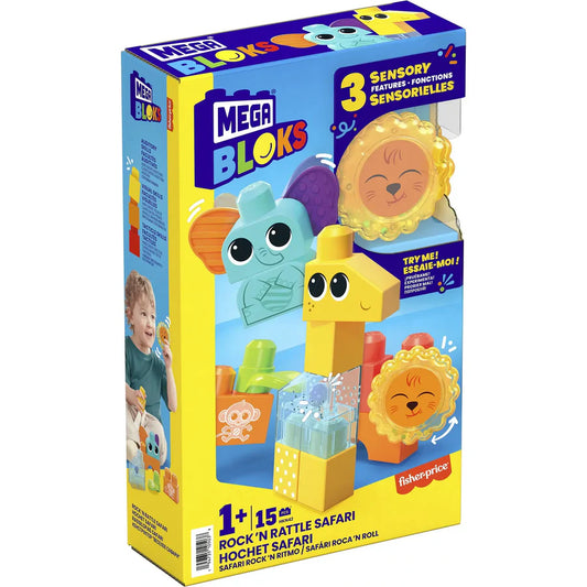 MEGA BLOKS Rock ‘n Rattle Safari Sensory Building Toys [HKN42] – 15‑Piece Toddler Building Set with Elephant, Giraffe & Lion, Ages 1‑3