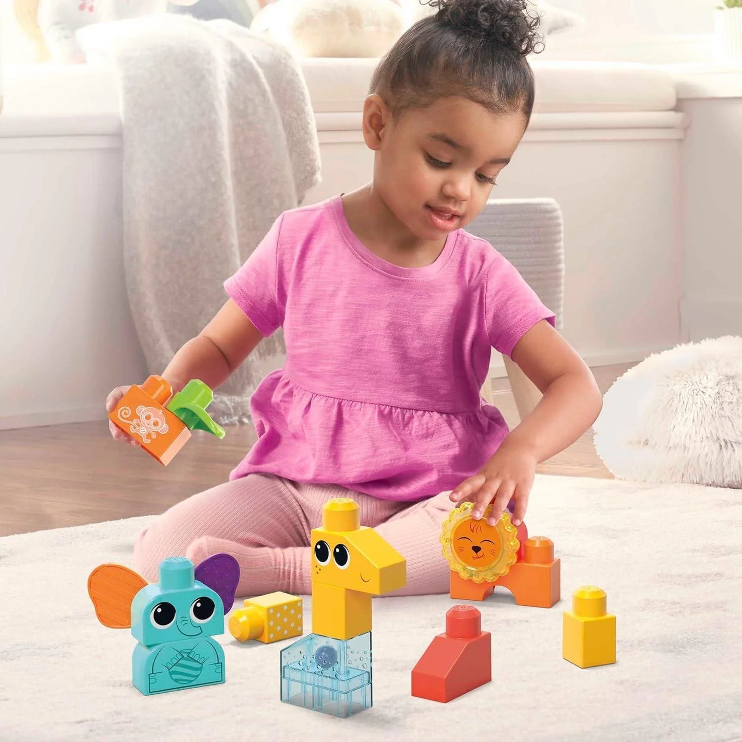 MEGA BLOKS Rock ‘n Rattle Safari Sensory Building Toys [HKN42] – 15‑Piece Toddler Building Set with Elephant, Giraffe & Lion, Ages 1‑3