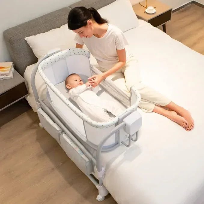 Mastela 3 - in - 1 Electric Swing Bedside Crib Intelligent Baby Bassinet Beside Sleeper Cradle，3 Kinds of Height Adjustment,5 Swing Speed, 3 Timing time, 15 Music, 5 Usage Modes…, Icelandic Blue Grey - Adenzo Comfies