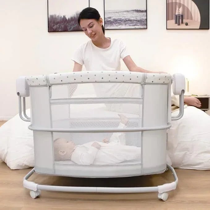 Mastela 3 - in - 1 Electric Swing Bedside Crib Intelligent Baby Bassinet Beside Sleeper Cradle，3 Kinds of Height Adjustment,5 Swing Speed, 3 Timing time, 15 Music, 5 Usage Modes…, Icelandic Blue Grey - Adenzo Comfies