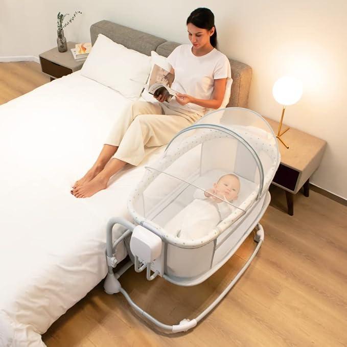 Mastela 3 - in - 1 Electric Swing Bedside Crib Intelligent Baby Bassinet Beside Sleeper Cradle，3 Kinds of Height Adjustment,5 Swing Speed, 3 Timing time, 15 Music, 5 Usage Modes…, Icelandic Blue Grey - Adenzo Comfies