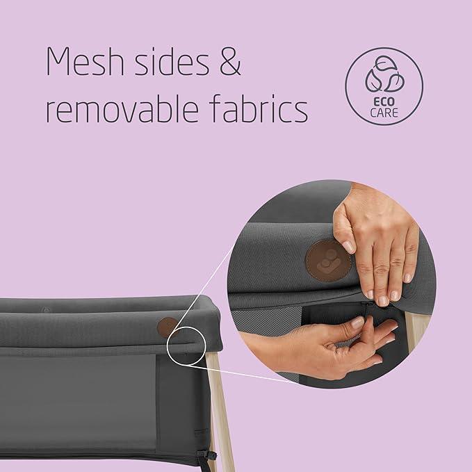 Maxi - Cosi Iris 2 - in - 1 Baby Travel Cot, 0 – 3 Years, up to 15 kg, Compact, 2 Sleeping Levels, Foldable & Lightweight, Thick Foam Mattress, Mesh Sides, Travel Bag, Eco Care, Beyond Graphite - Adenzo Comfies