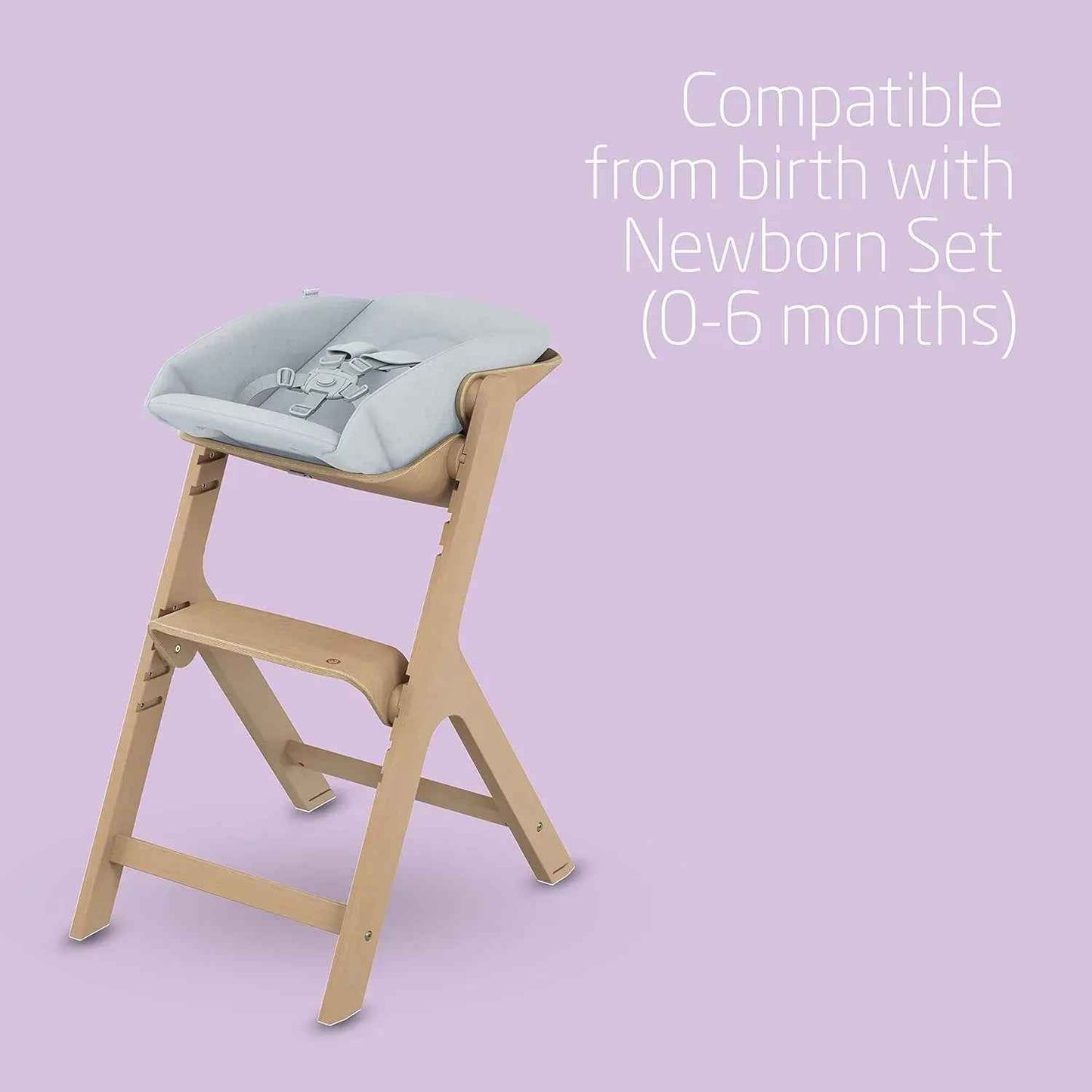 Maxi - Cosi Nesta Highchair in its natural wood finish, a stylish, adjustable wooden highchair designed to grow with a child from newborn to adult - Adenzo Comfies